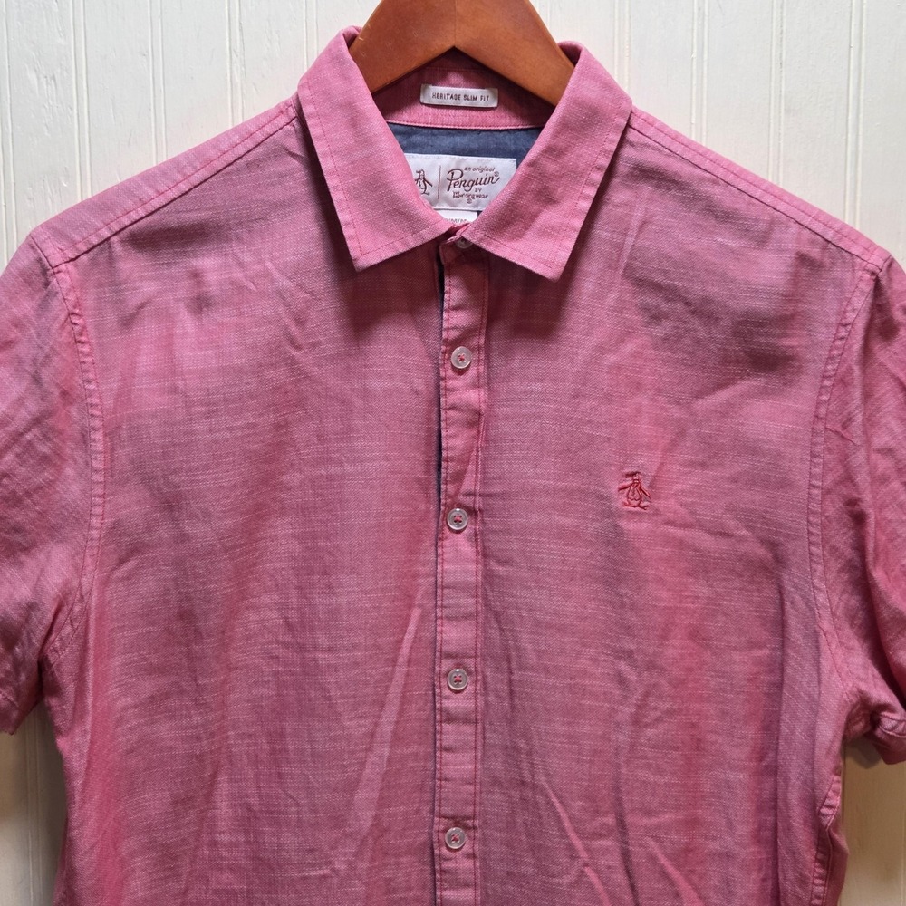 Original Penguin Shirt Mens Medium Pink Chambray Short Sleeve Button Up Casual